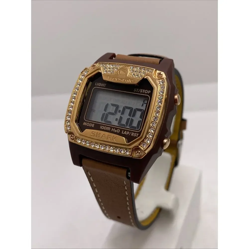 Freestyle Shark Rosegold Rhinestone Brown Leather Band Surfing Watch New Battery
